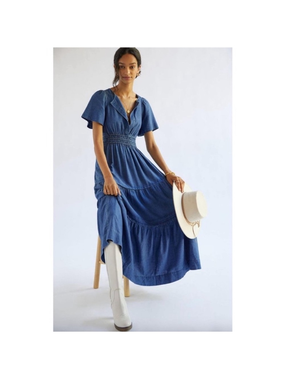 Maeve Anthropologie Indigo Tiered V-Neck Maxi Dress